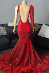 Elegant Long Red One Shoulder V-neck Sequined Prom Dress With Long Sleeve
